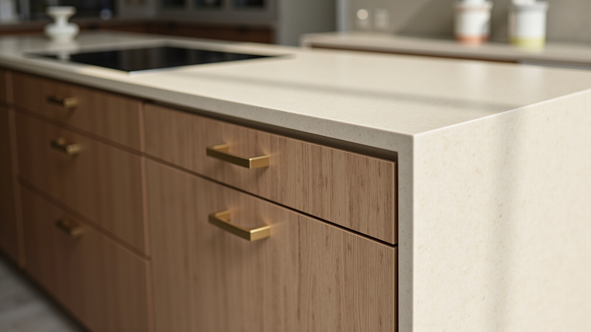 Stone waterfall benchtop over timber drawers